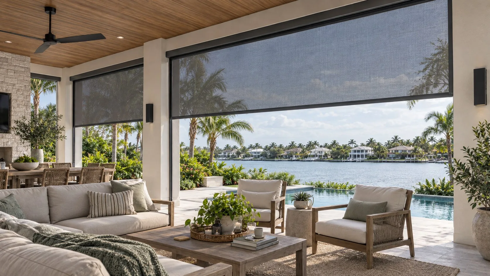Retractable screens integrated into a covered waterfront patio in natural daylight.