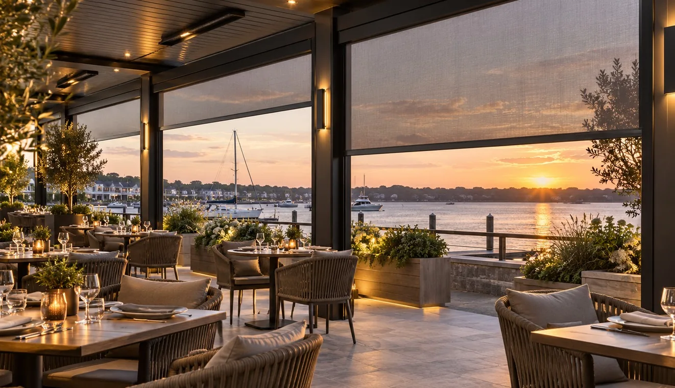 Retractable screens across multiple bays of a waterfront hospitality terrace.