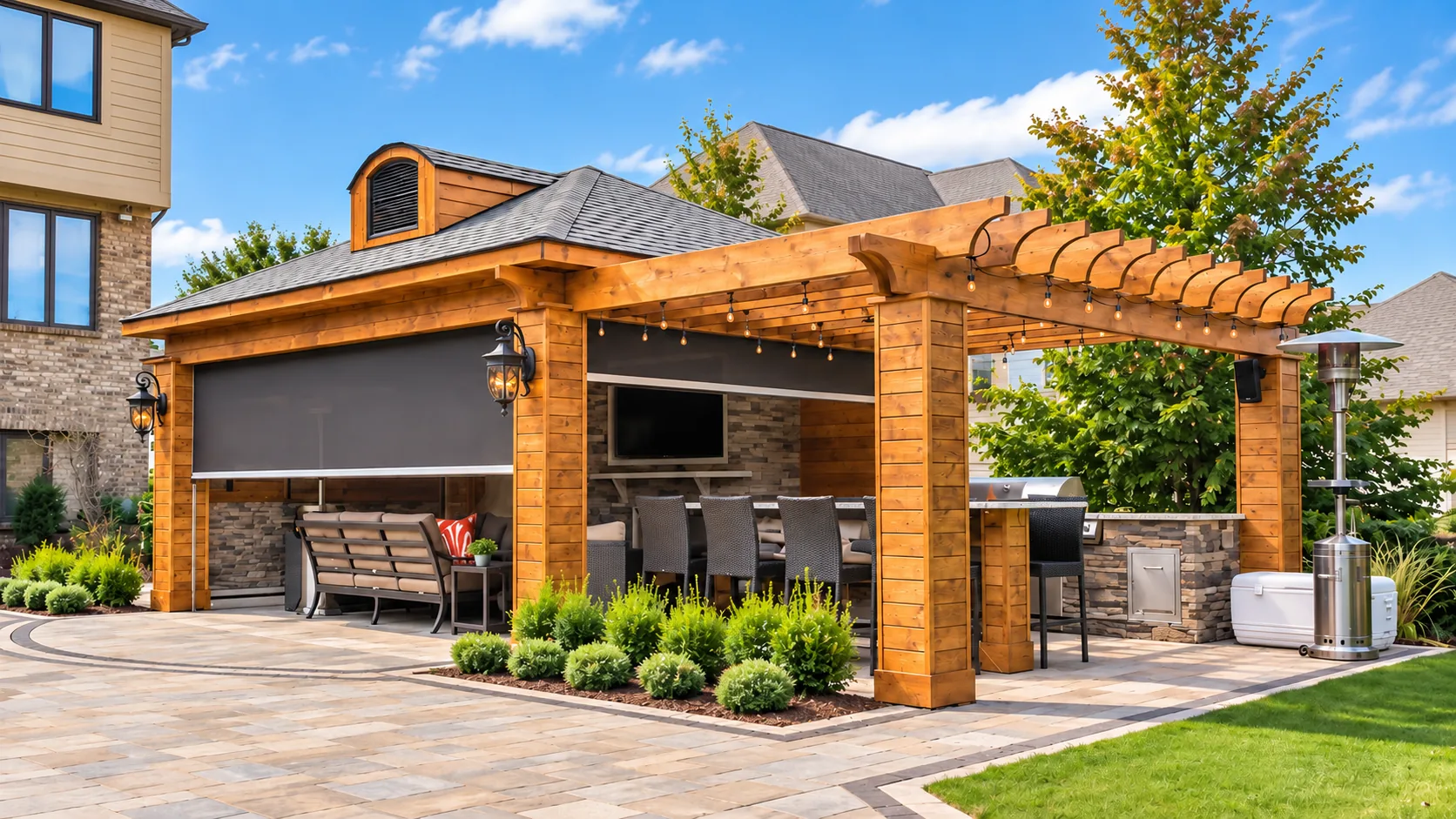 ShadeFX retractable screens integrated into a timber pergola and covered outdoor living space.